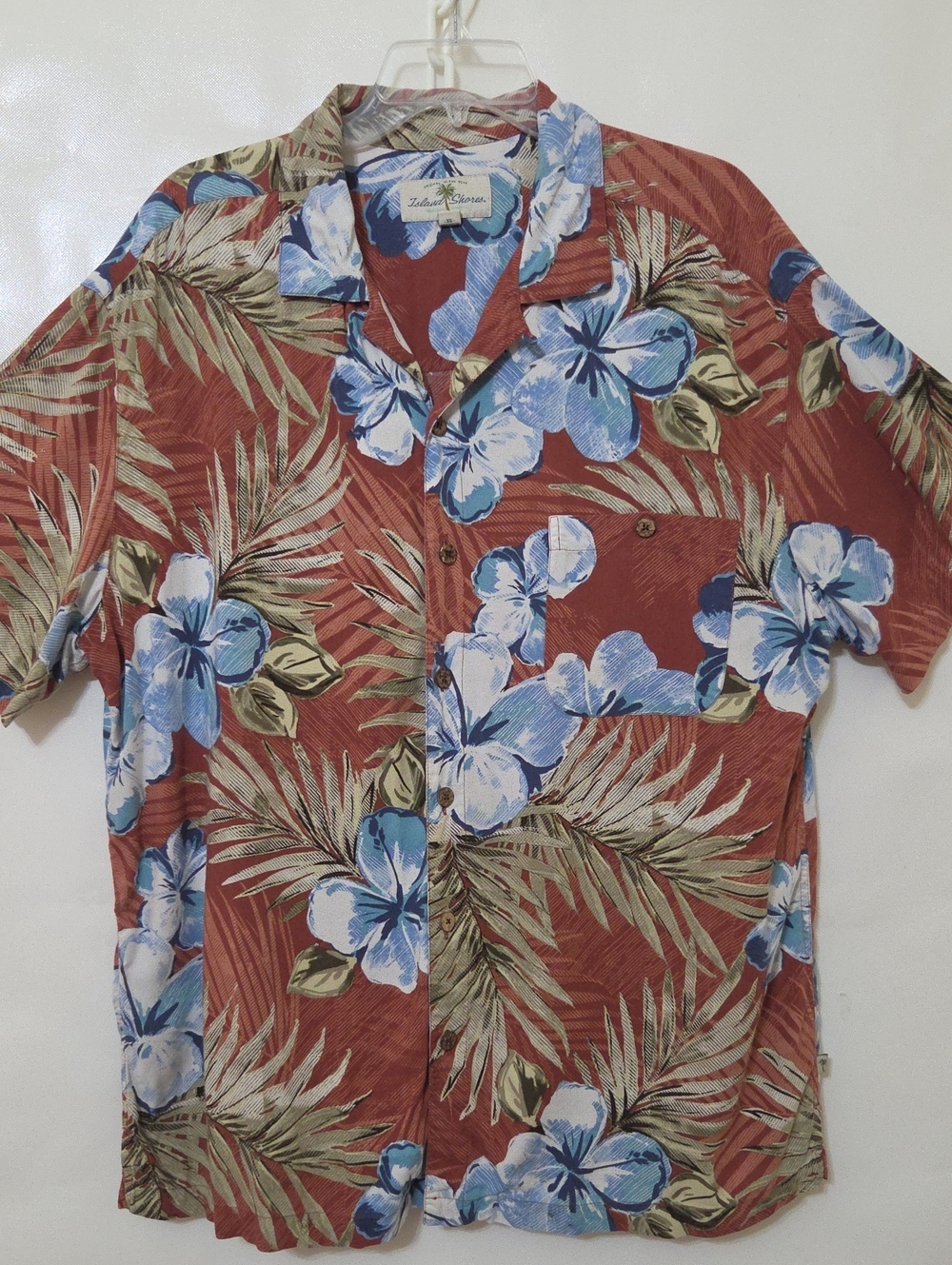 Island Shores Men's Rust Brown/Blue 100% Rayon Floral Hawaiian Shirt - Size: XL